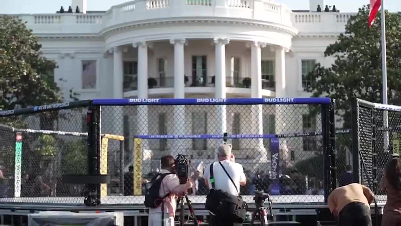 The White House hosts a media preview of the UFC Octagon built on the South Lawn ahead of...