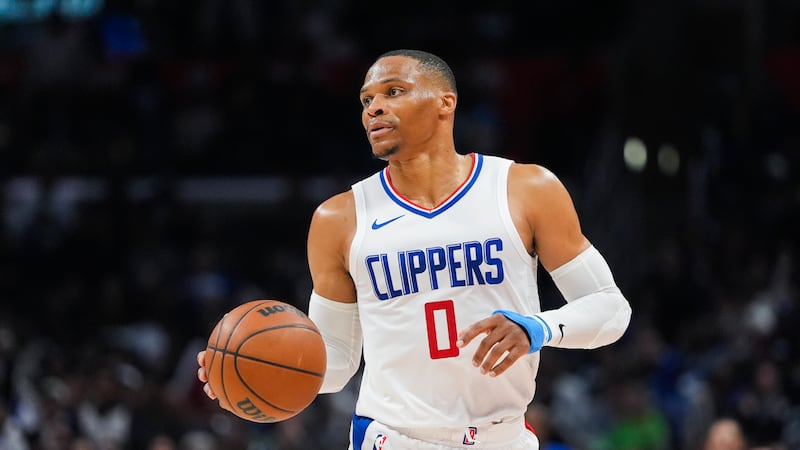 FILE - Los Angeles Clippers guard Russell Westbrook moves up the court during the second half...