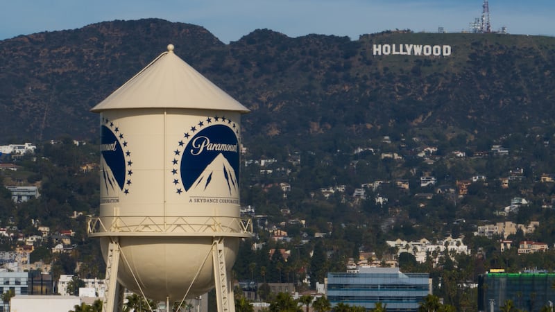 FILE - The Paramount Pictures water tower is seen in Los Angeles, Dec. 18, 2025, with the...