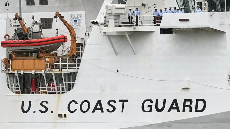 FILE - A U.S. Coast Guard cutter is seen in New York on May 21, 2025. (AP Photo/Richard Drew,...