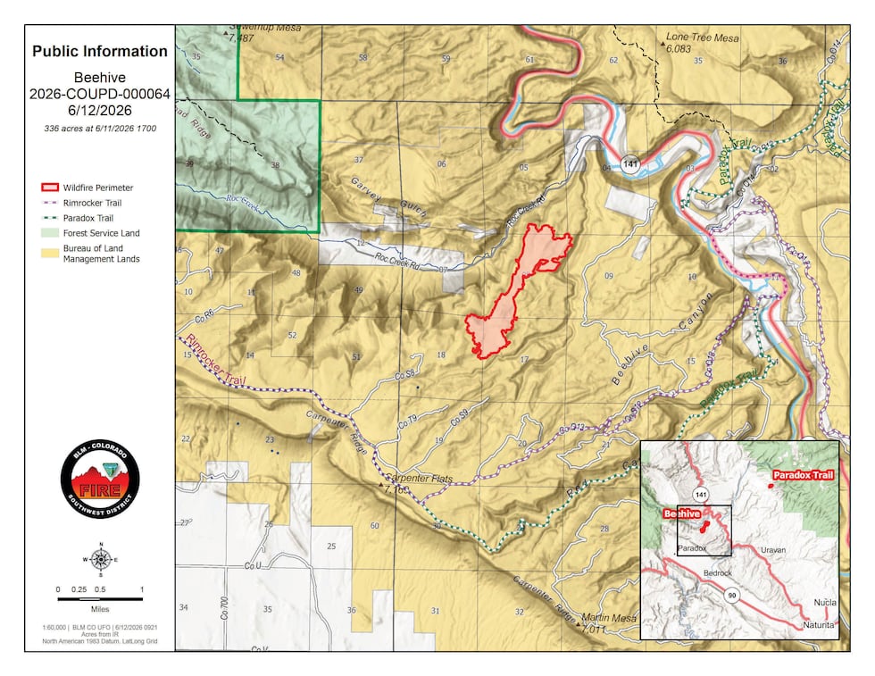 A map of the Beehive Fire issued on June 12, 2026.