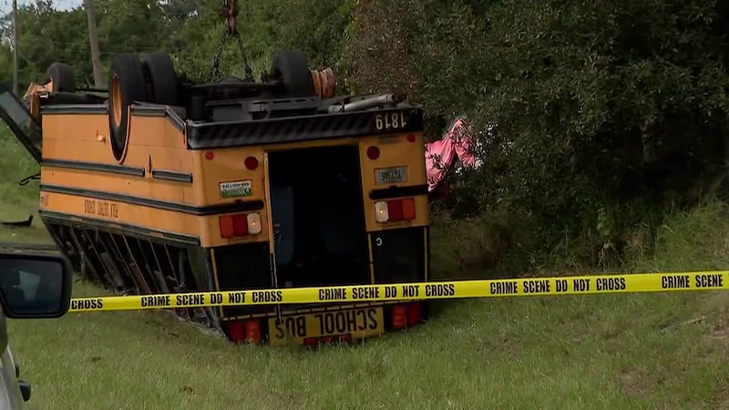 Authorities say a school bus overturned during a multivehicle crash, killing two people,...